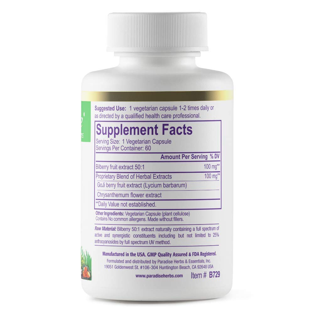 Pre-Order | Arrives in 5–10 Days – Paradise Herbs Bilberry with Goji & Chrysanthemum Supplements, Super Potent, Ultra Pure, Non-GMO, Gluten Free, Vegan, 60 Vegetarian Capsules
