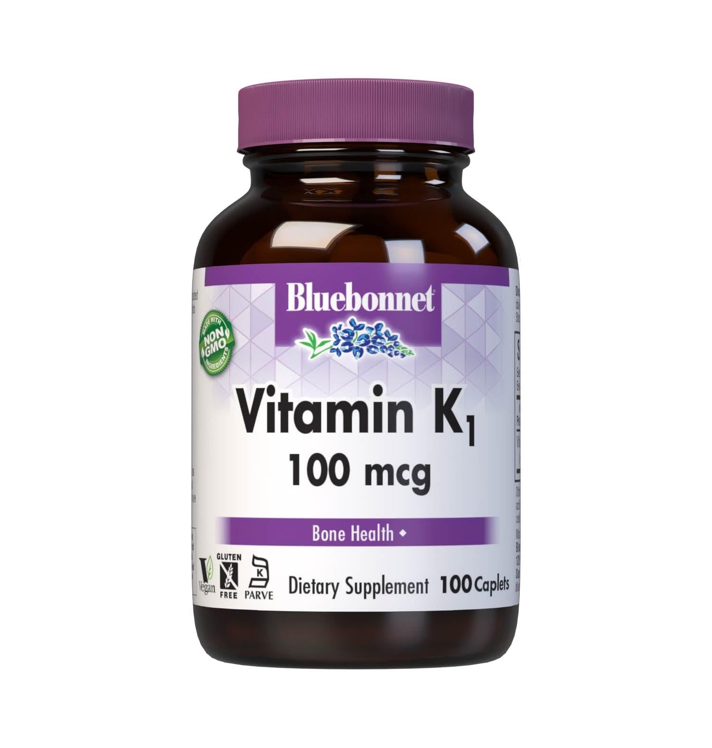 Bluebonnet Vitamin K1 100 mcg Supports Bone Health - Phylloquinone Crystalline Vitamin K Supplement - Non-GMO, Kosher Certified, Gluten-Free, Dairy-Free - 100 Vegan Caplets