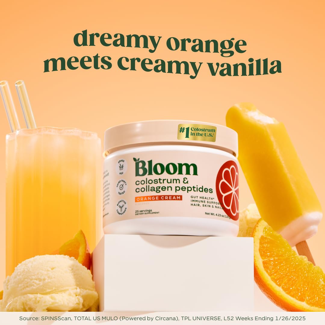 Pre-Order | Arrives in 5–10 Days –
Bloom Nutrition Bovine Colostrum Powder for Gut Health, Immune Support, Hair Growth & Beauty Supplement, Gluten Free, Sugar Free | Orange Cream, 25 Servings