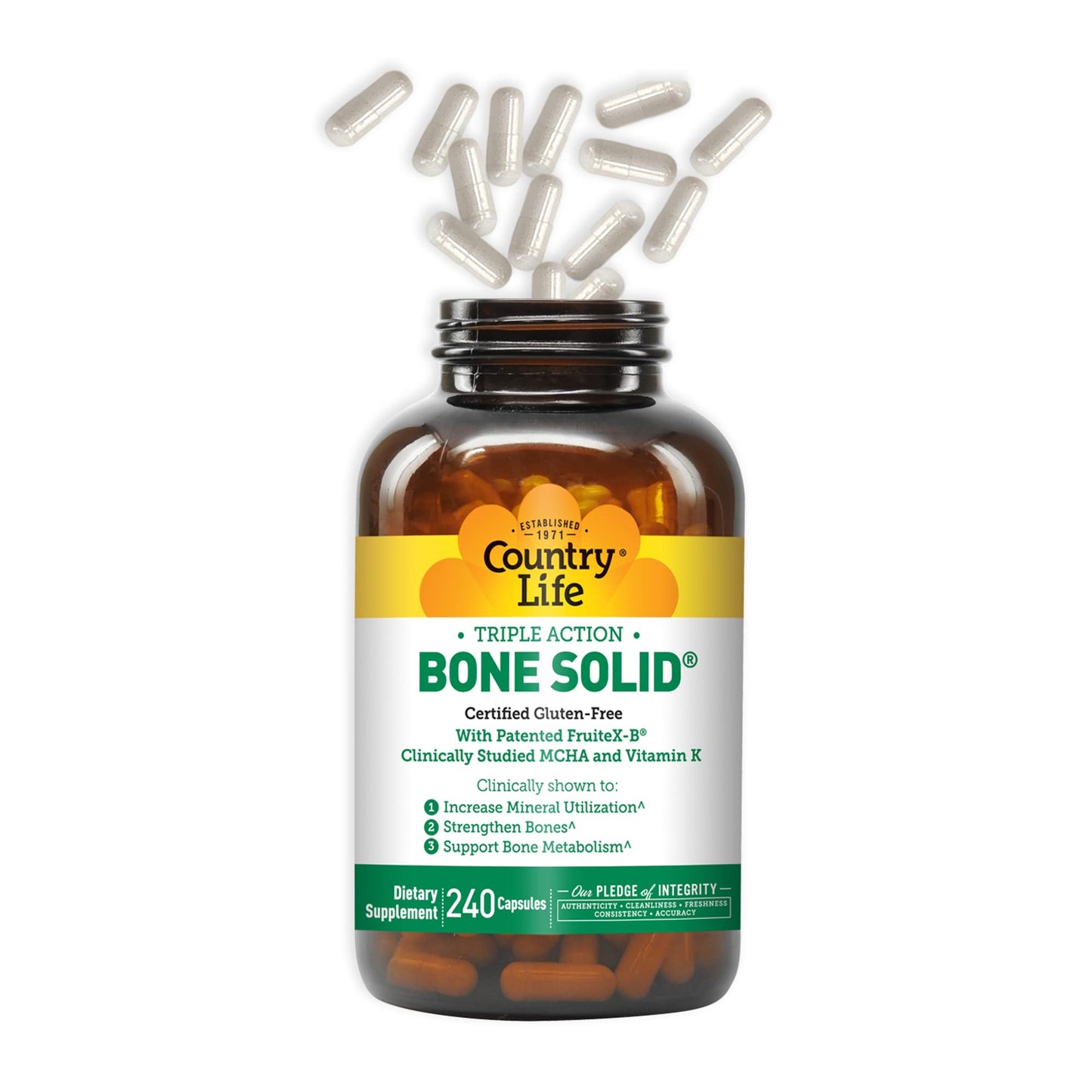 Pre-Order | Arrives in 5–10 Days – Country Life Bone Solid - Bone Health Supplement with Microcrystalline Hydroxyapatite (MCHA), Calcium, Magnesium, Zinc, Vitamins K2 & D3 for Enhanced Bone Strength & Metabolism - 240 Capsules