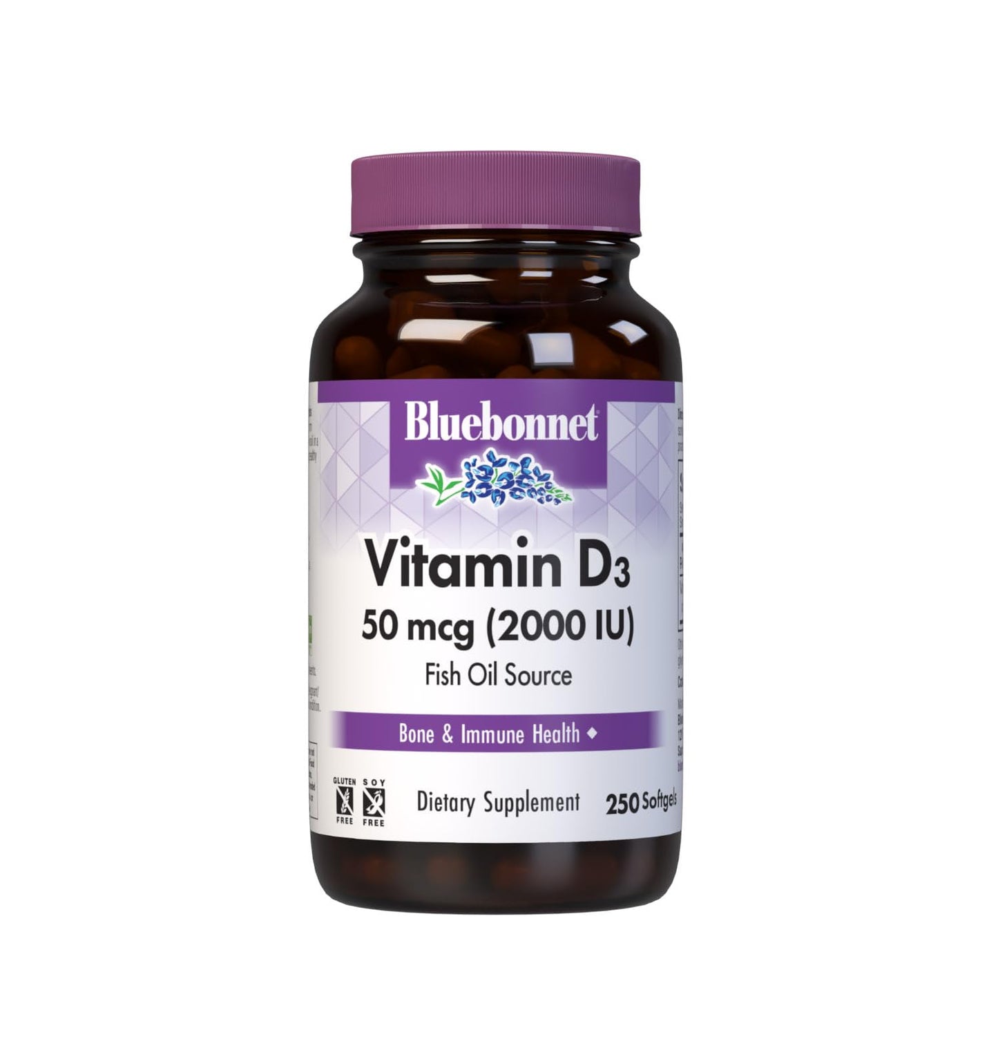 Bluebonnet Nutrition Vitamin D3 2000 IU50 mcg High Potency Immune Support, High Absorption Cold-Water Fish Liver Oil & Plant-Based Non-GMO Safflower Oil, Support Strong Bone, Gluten-Free, 250 Softgels