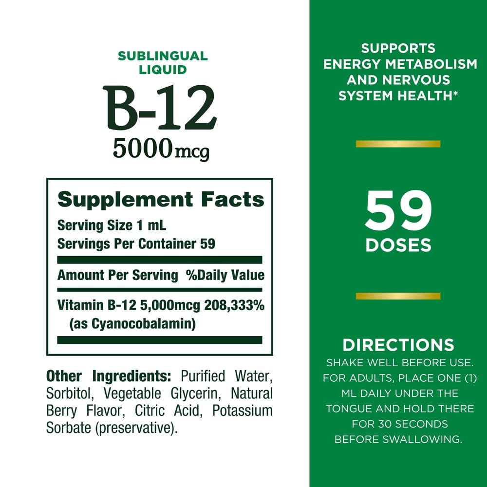 Nature's Bounty Vitamin B Complex Liquid, B12 Vitamin 5000 mcg, Nervous System Health & Cellular Energy Support, B Complex Vitamins for Women & Men, Vegetarian, 59 Servings, 2 Fl Oz