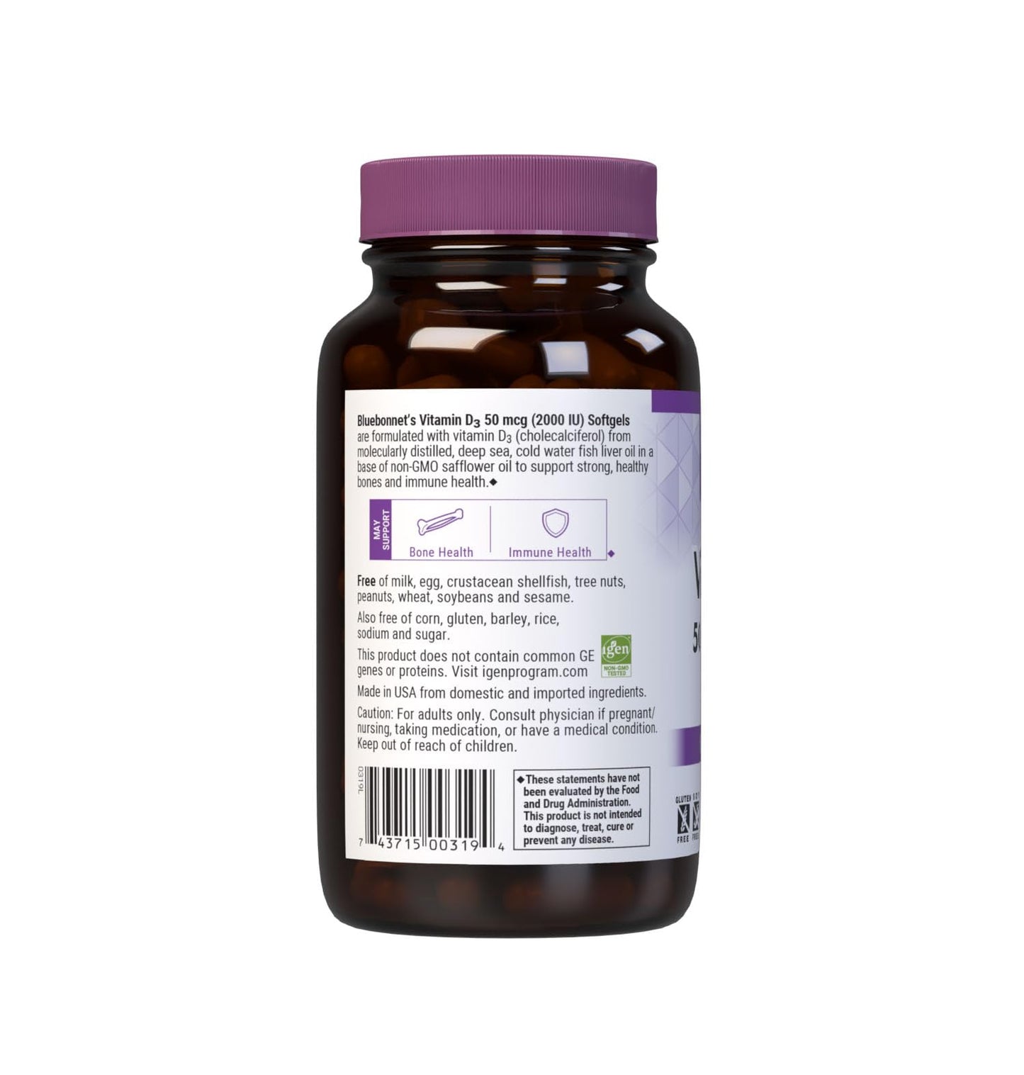 Bluebonnet Nutrition Vitamin D3 2000 IU50 mcg High Potency Immune Support, High Absorption Cold-Water Fish Liver Oil & Plant-Based Non-GMO Safflower Oil, Support Strong Bone, Gluten-Free, 250 Softgels