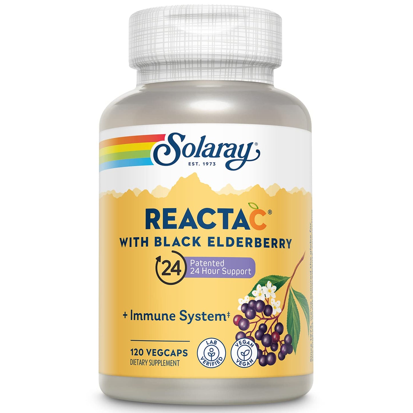 Pre-Order | Arrives in 5–10 Days – SOLARAY Reacta-C with 500mg Vitamin C, 200mg Sambucus Black Elderberry Extract, Immune System Defense Vitamins, Patented 24 Hour Immunity Booster Support Supplement, Vegan, 120 Capsules, 120 Servings