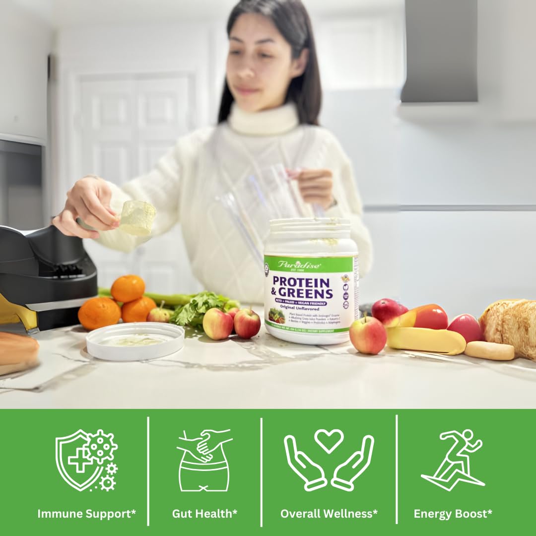 Paradise Herbs ORAC Energy Protein & Greens Powder, Antioxidant Power of 24 Servings of Fruits & Vegetables in 1 Scoop + 20g Protein, Unflavored, 15 Servings