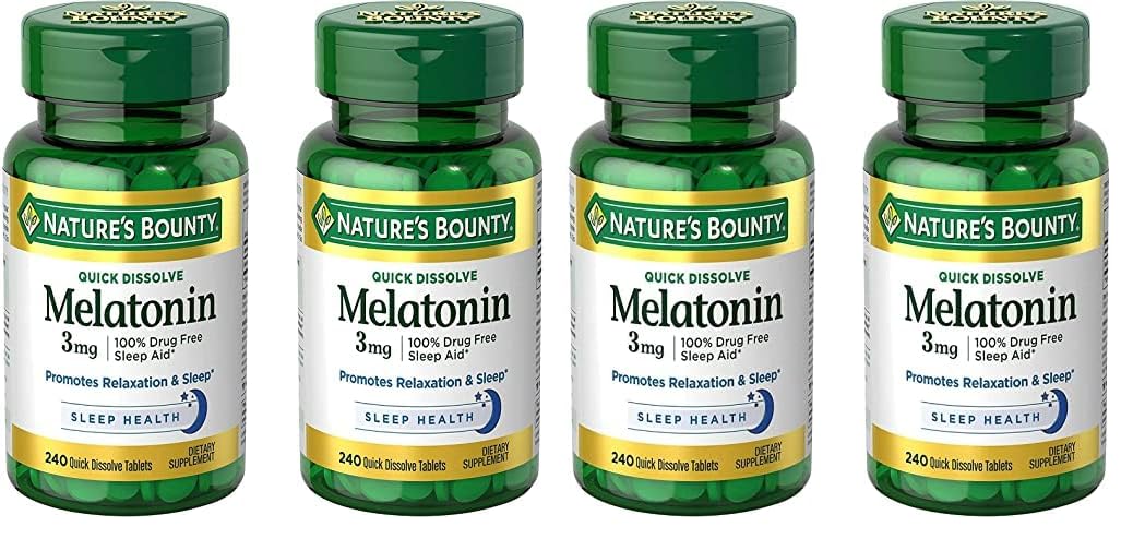 Nature's Bounty Melatonin 3mg, 100% Drug Free Sleep Aids for Adults, Supports Relaxation and Sleep, Dietary Supplement, 240 Count (Pack of 4)