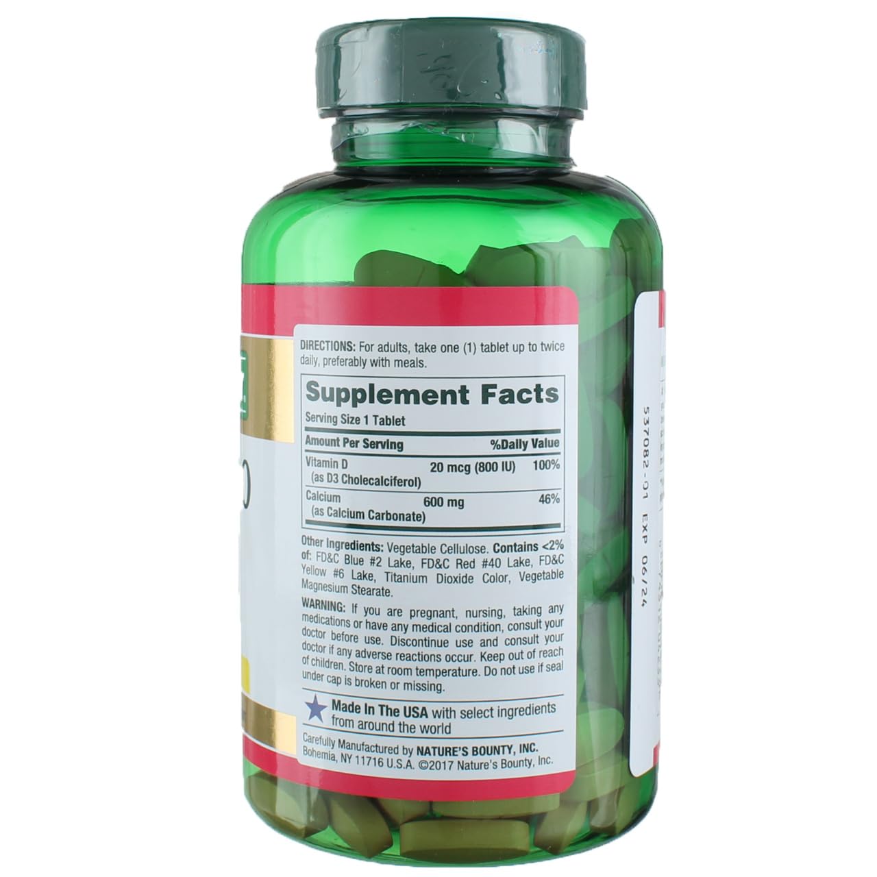 Nature's Bounty Calcium Carbonate & Vitamin D, Supports Immune Health & Bone Health, 600mg Calcium & 800IU Vitamin D3, 250 Tablets
