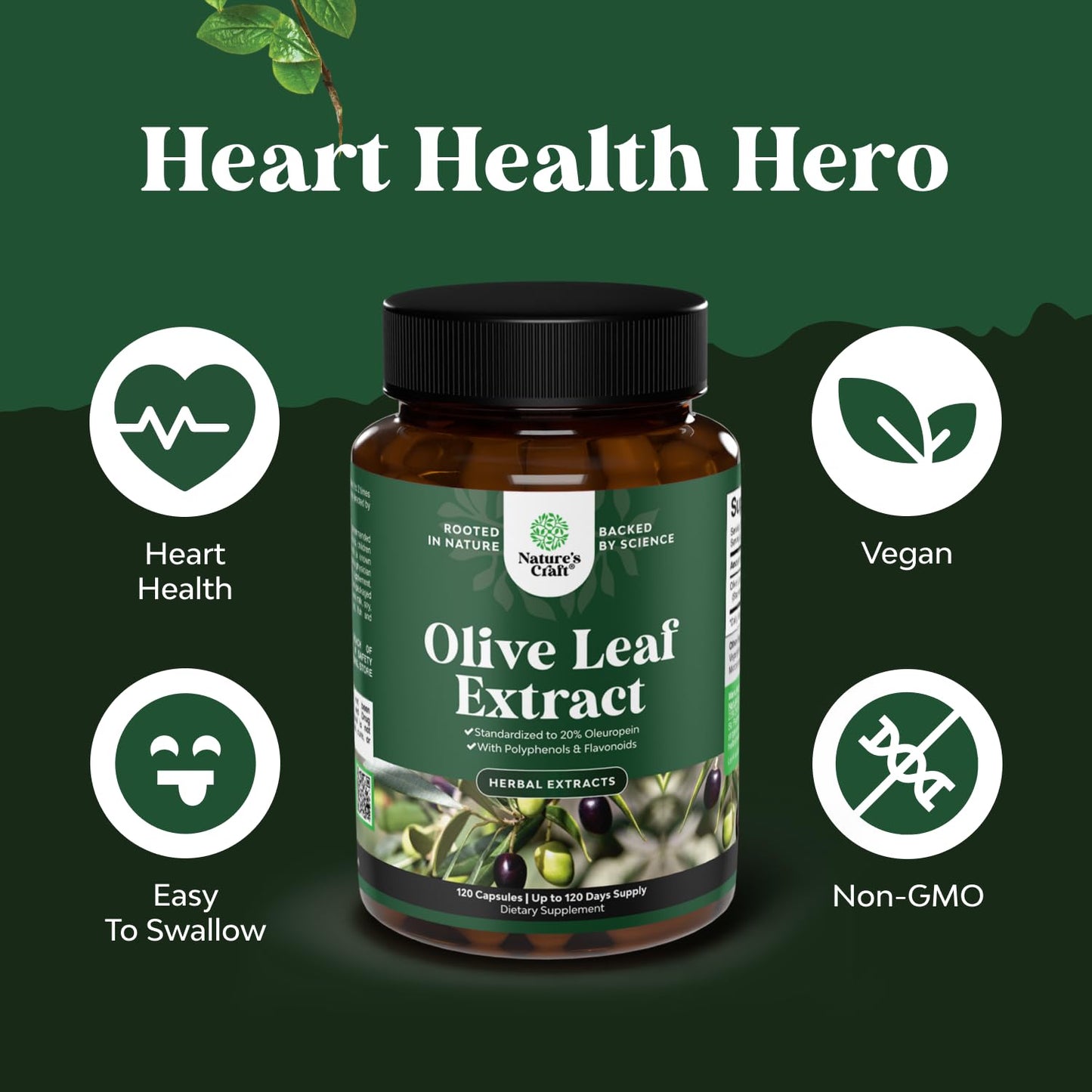 Potent Olive Leaf Extract Capsules - High Strength Antioxidant Supplement with Pure Olive Leaf with 20% Oleuropein - Herbal Heart Health Supplement - Vegan Non-GMO & Gluten Free (4 Month Supply)