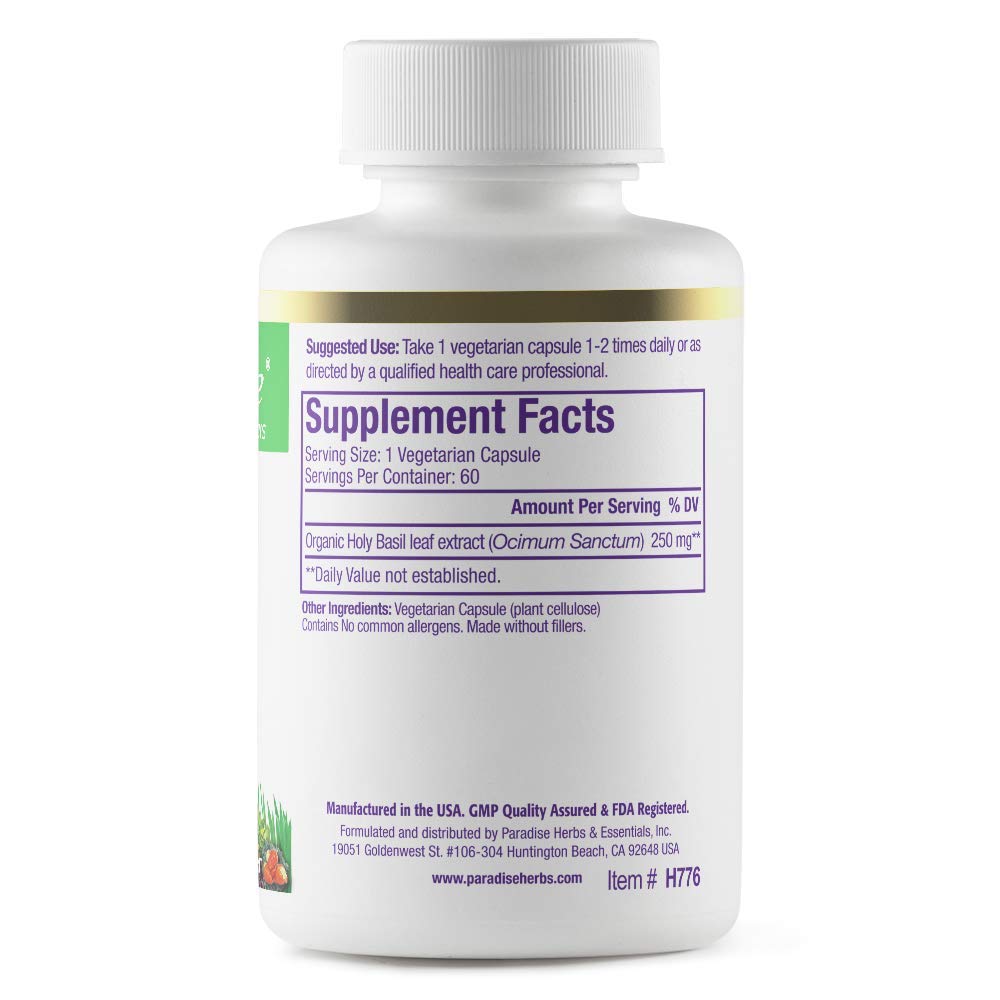Paradise Herbs Organic Holy Basil Supplement, Active Whole Spectrum Extract, Super Potent, Ultra Pure, Vegan, Non-GMO, Gluten Free, 60 Vegetarian Capsules
