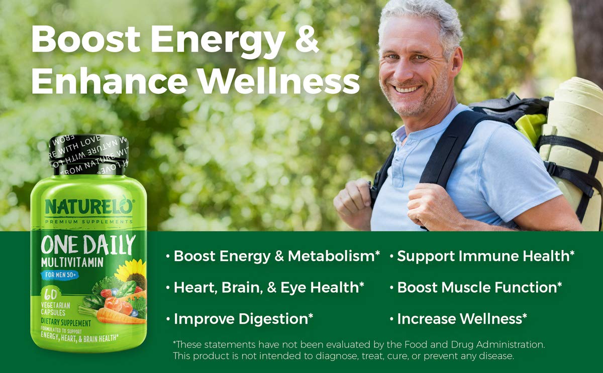 NATURELO One Daily Multivitamin for Men 50+ - with Vitamins & Minerals + Organic Whole Foods - Supplement to Boost Energy, General Health - Non-GMO - 120 Capsules - 4 Month Supply