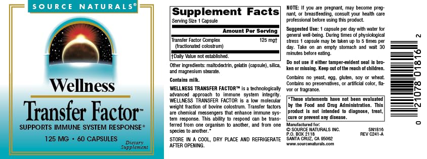 Source Naturals Wellness Transfer Factor, Supports Immune System Response* 125mg, 60 Capsules