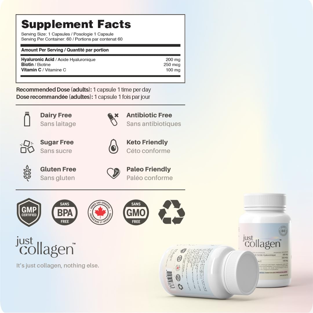 Just Collagen Hyaluronic Acid Supplement with Vitamin C - Biotin - 60 Vegan Capsules for Collagen Formation, Immune System, Skin & Joint Health - Non-GMO