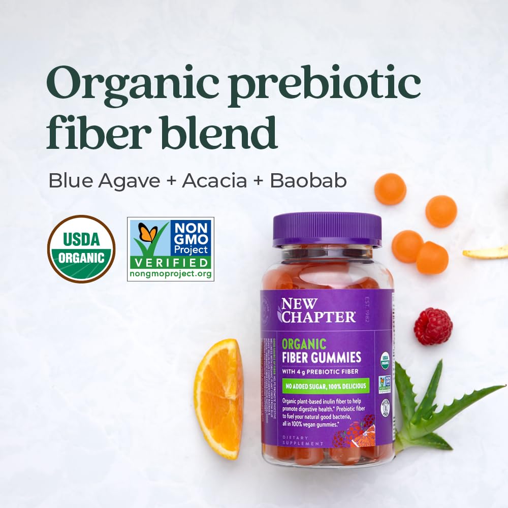 New Chapter Organic Fiber Gummies for Adults & Kids (Age 4+), Plant-Based Prebiotic Fiber for Digestive Health, Vegan, Non-GMO, USDA Organic, Gluten Free, Citrus-Berry Flavored, 60 ct