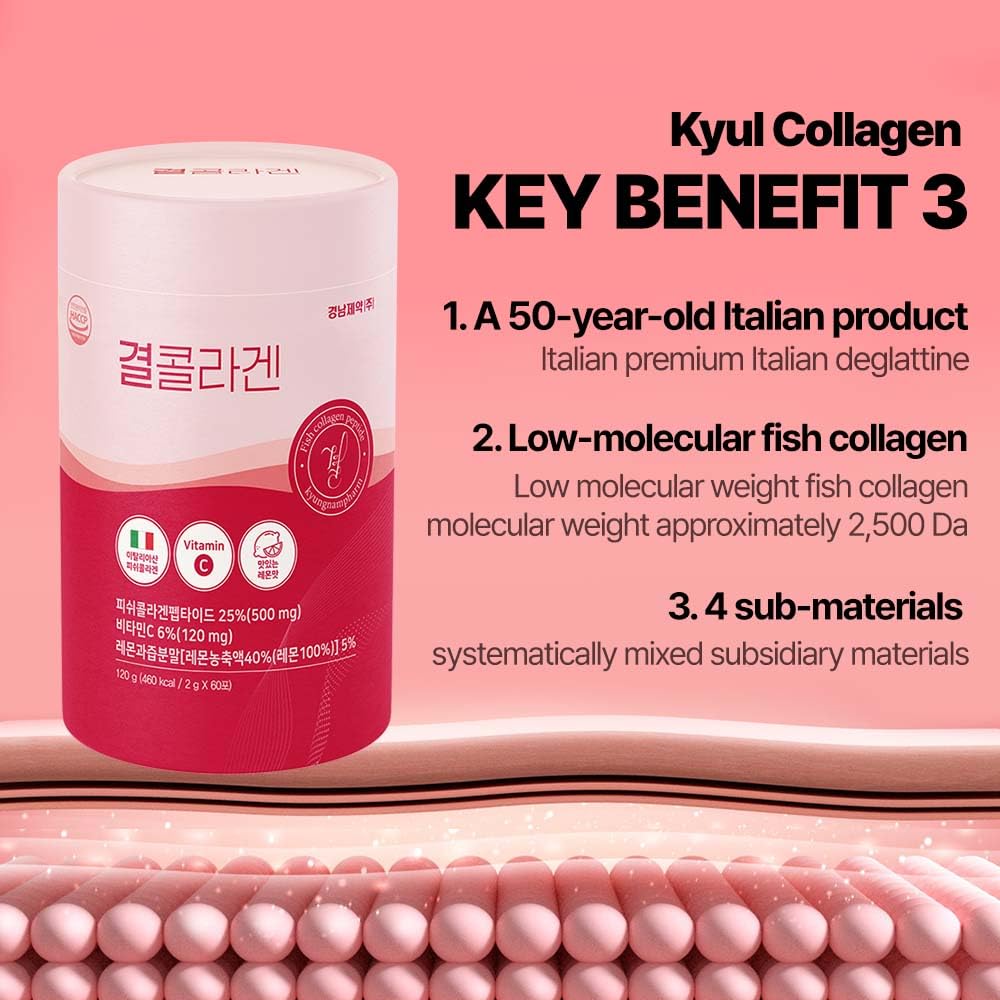 Kyung Nam Pharm LEMONA Official Kyul Collagen, Korean Collagen Peptides for Mothers Day Women 60 Stick(2g) with Vitamin C for Hair, Nail, Skin, Bone & Joint Health Low Molecular (500 mg, Lemon)