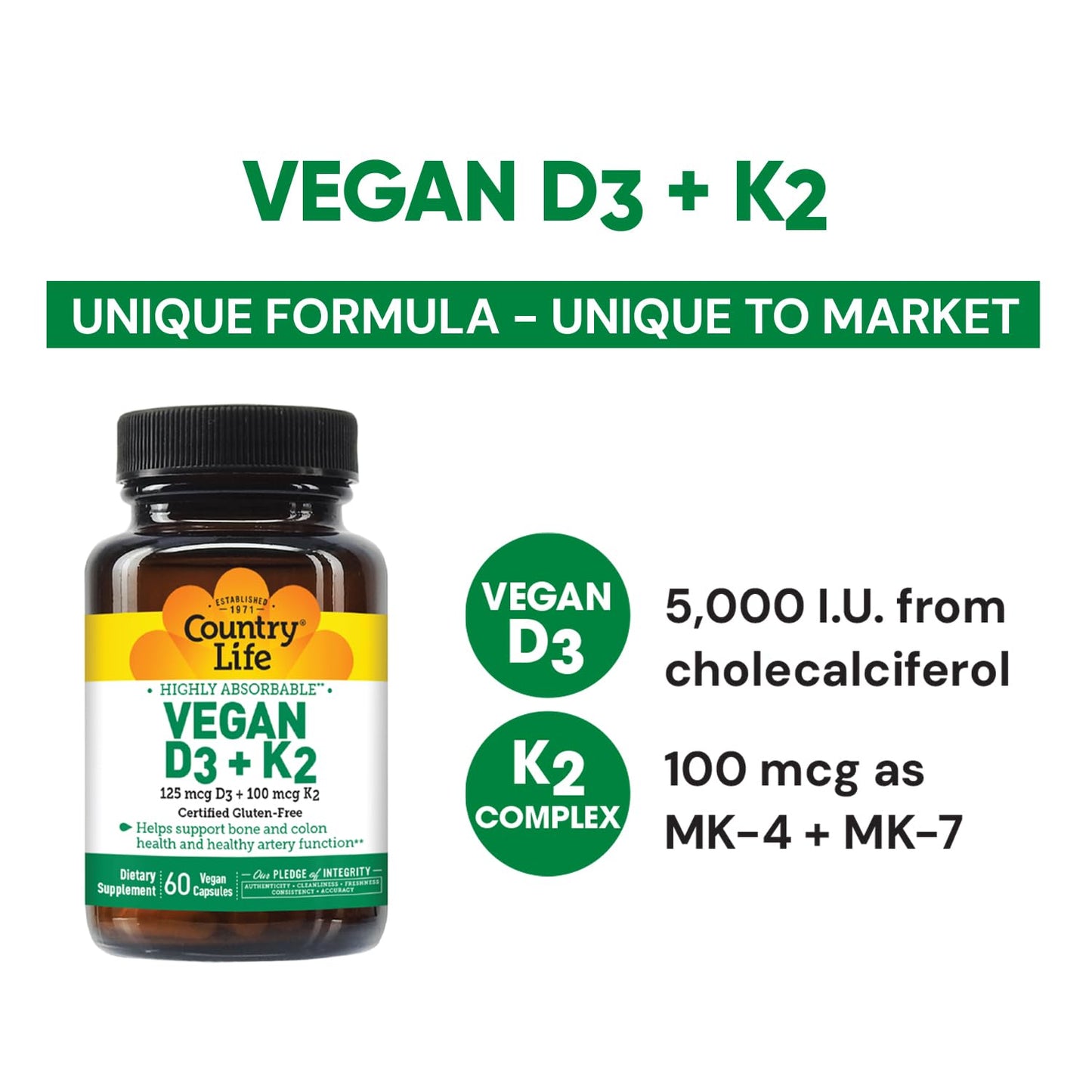 Pre-Order | Arrives in 5–10 Days – Country Life Vegan D3 + K2 – 5000 IU Vitamin D3 & 100 mcg MK-4 & MK-7 | Supports Bone, Immune, Colon & Artery Health | Certified Vegan, Gluten-Free, B-Corp, 60 Capsules