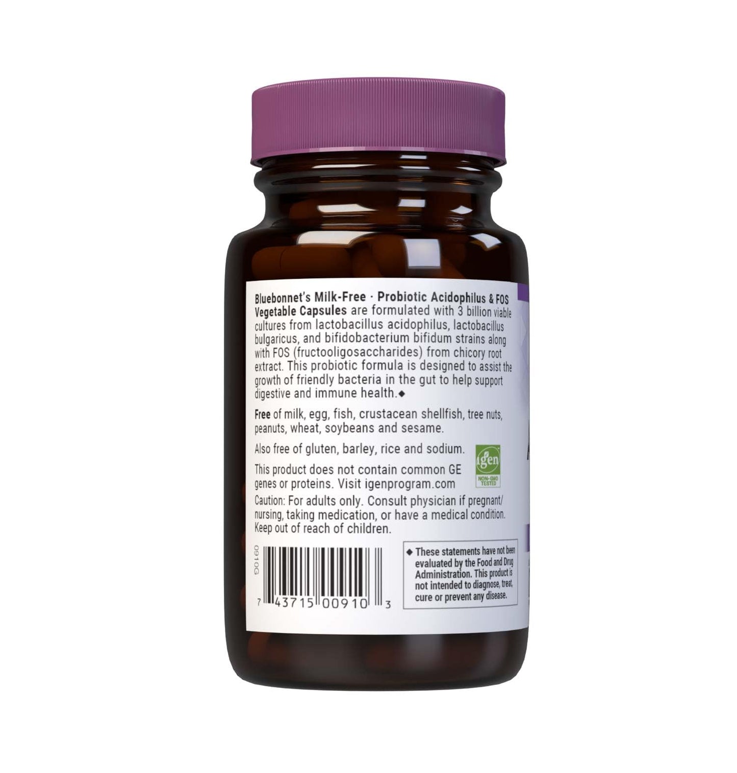 Bluebonnet Nutrition Milk-Free Probiotic Acidophilus & FOS, Digestive Health*, Immune Health*, Gluten-Free, Soy-Free, Dairy-Free, 50 Vegetable Capsules, 50 Servings