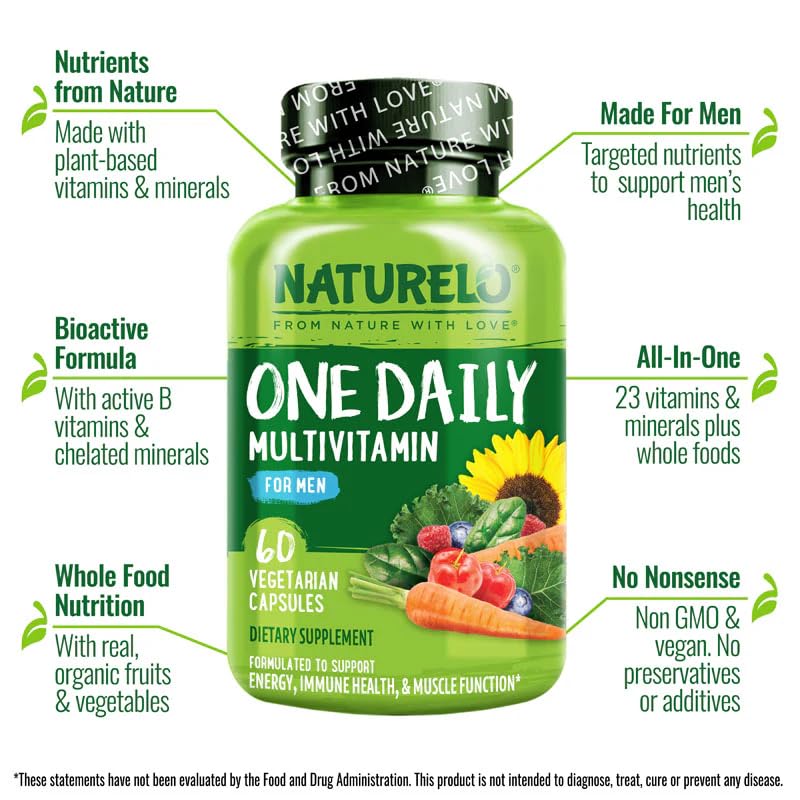 NATURELO Mens Multivitamins - One Daily Multivitamin for Men with Vitamins, Minerals & Organic Whole Foods, Boost Energy & Health, Non-GMO, 60 Vegetarian Capsules