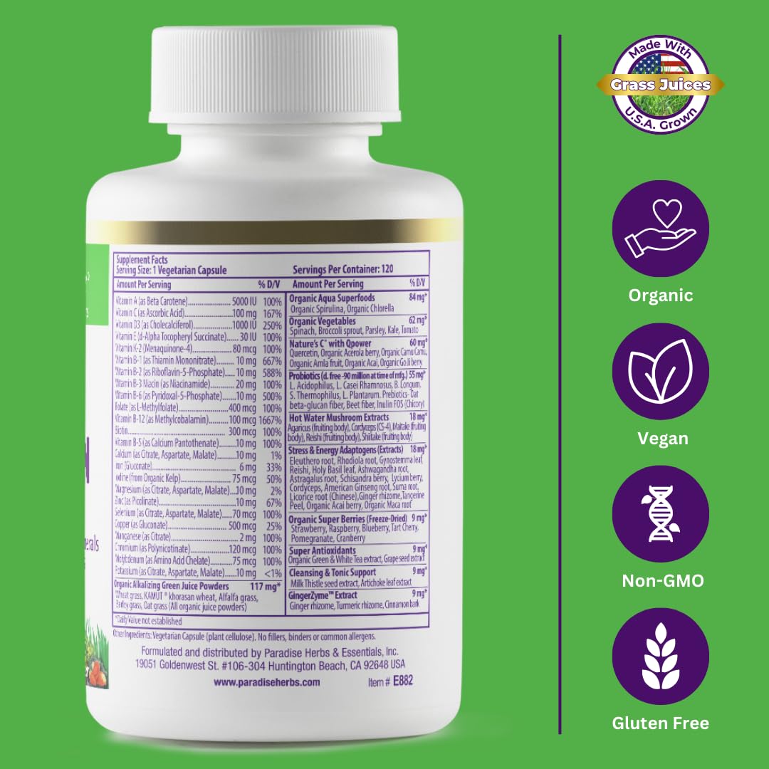 Paradise Herbs Earth's Blend Women's Once Daily Multivitamin with Iron, 48 Organic Superfoods, Probiotics, Antioxidants, Vitamins A, B12, C, D, K2, 120 Capsules