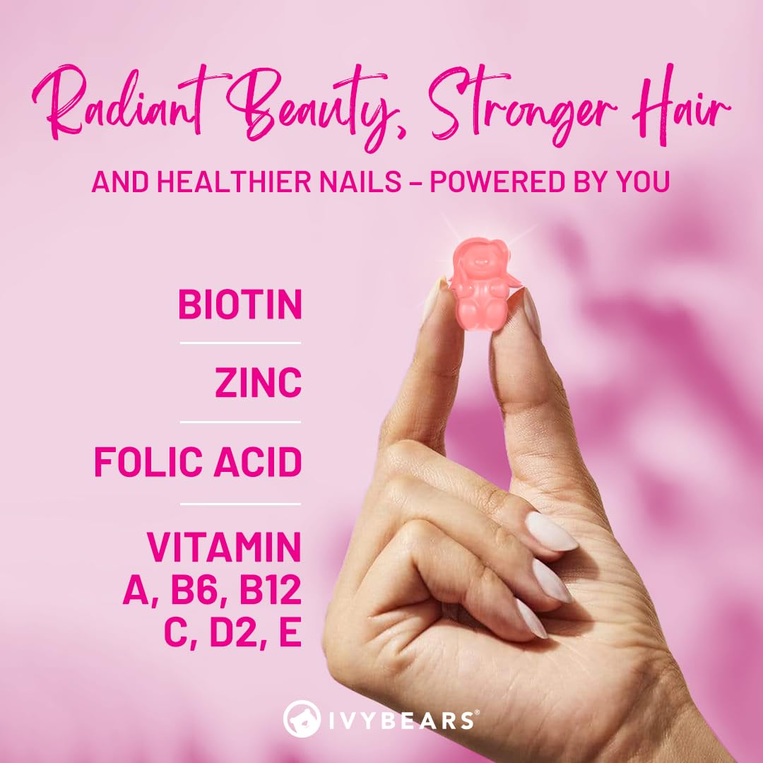 IvyBears Women’s Hair Vitamin Gummies with Complex Biotin, Collagen, Folic Acid, Vitamin B7, and Keratin for Hair, Skin & Nails - Vegan Hair Growth & 100% Vitamin Boost - 60 Count, 1 Month Supply