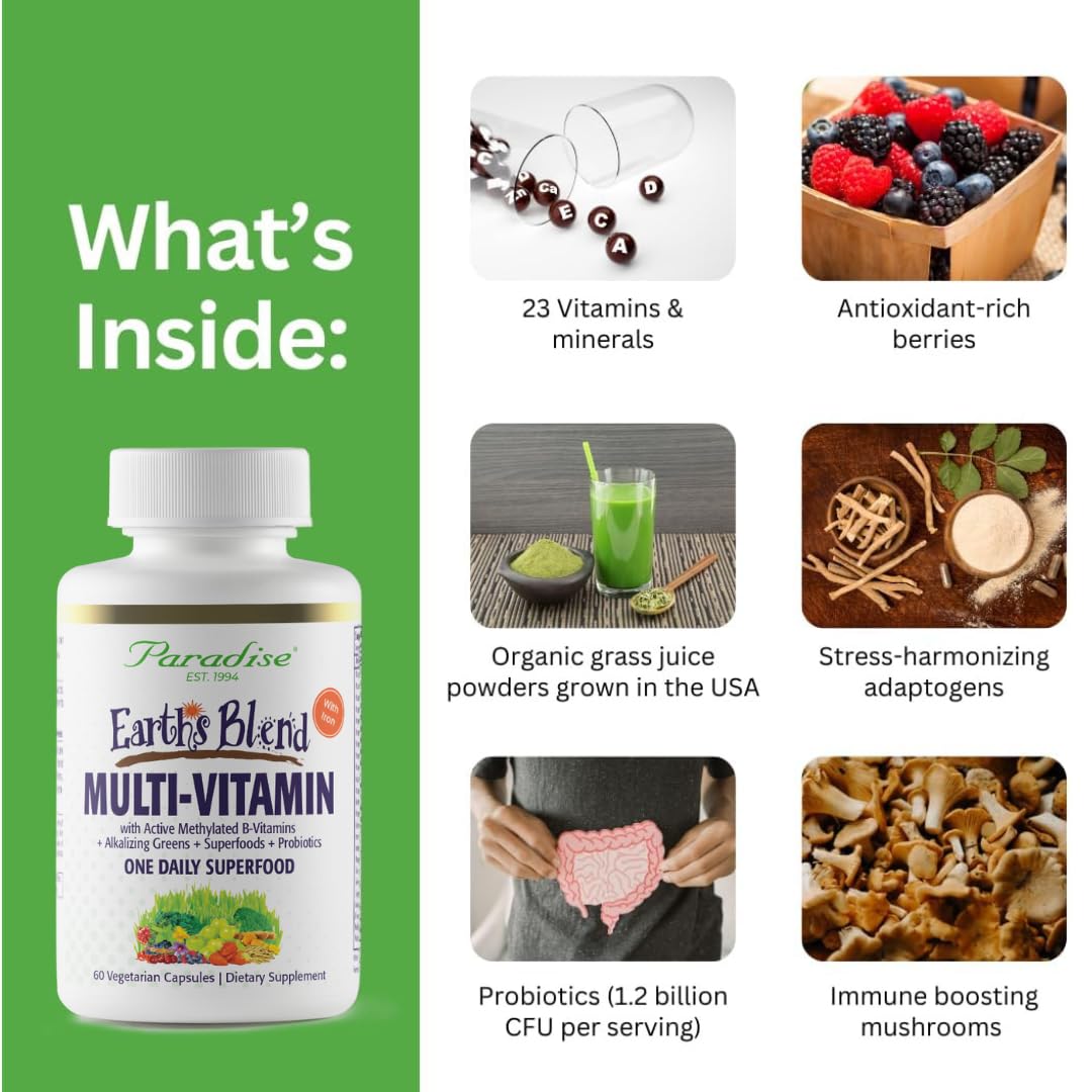 Pre-Order | Arrives in 5–10 Days – Paradise Herbs Earth's Blend Women's Once Daily Multivitamin with Iron, 48 Organic Superfoods, Probiotics, Antioxidants, Vitamins A, B12, C, D, K2, 60 Capsules