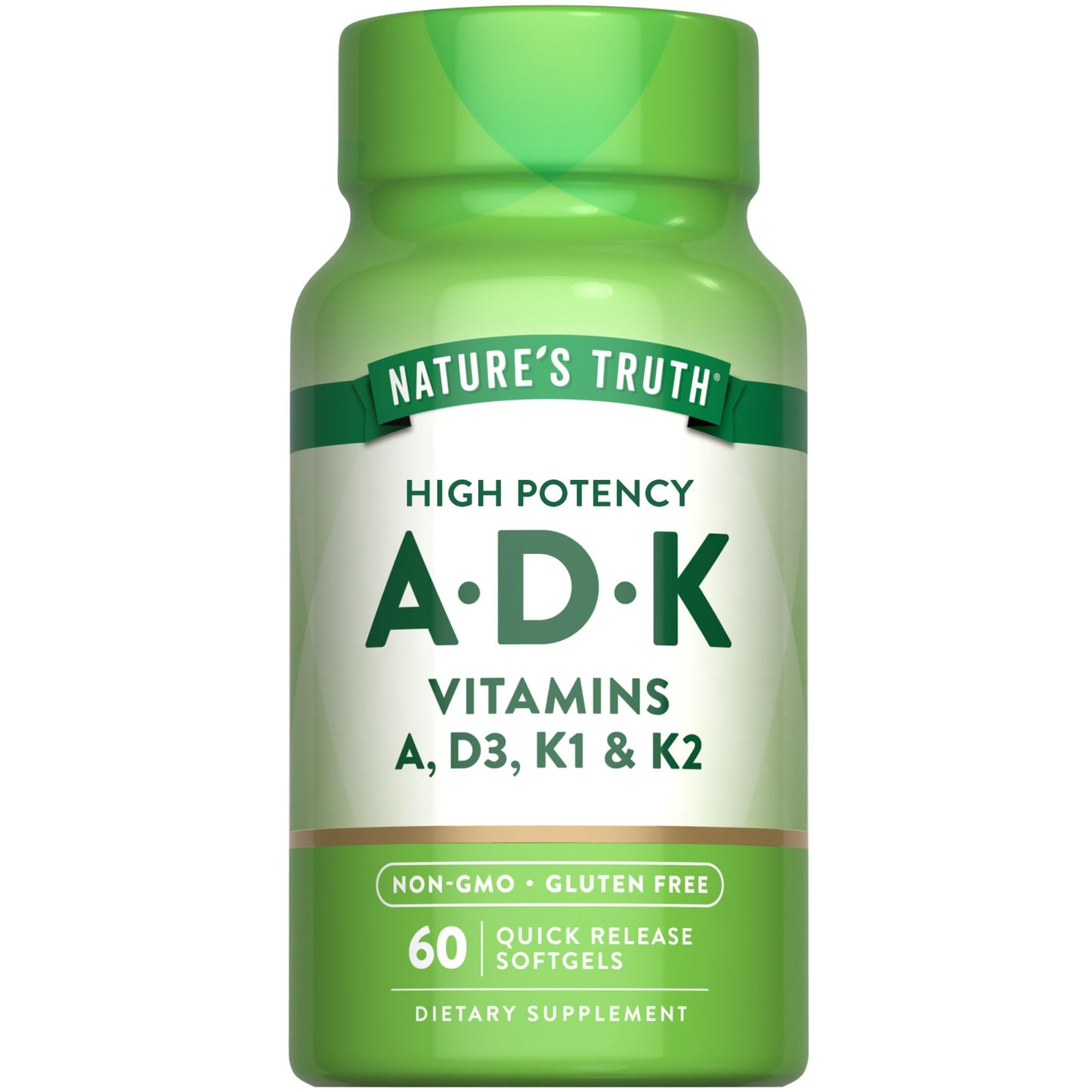 Nature's Truth Vitamin ADK | 60 Softgels | High Potency of Vitamin A, D3, K1 & K2 | Non-GMO & Gluten Free Supplement