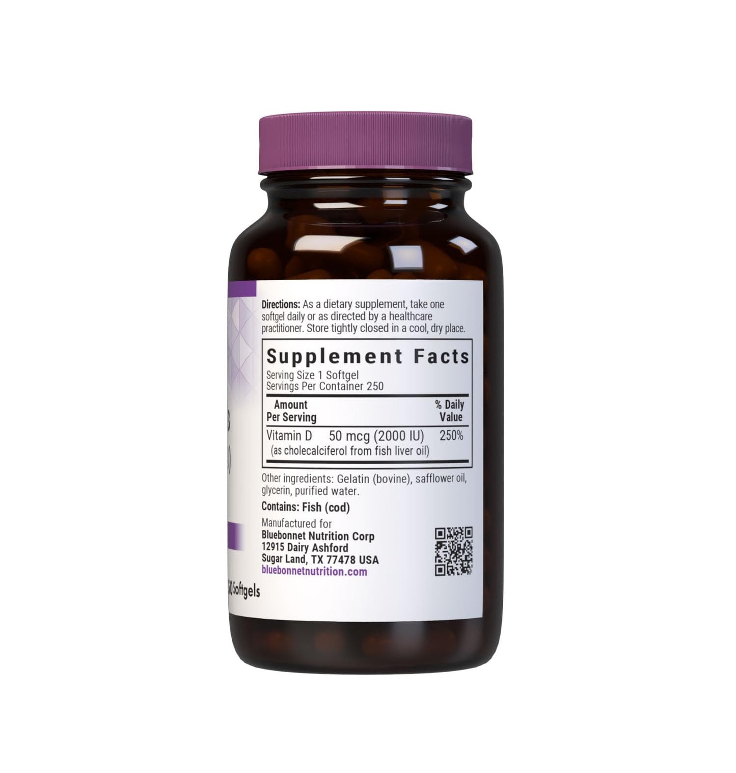 Bluebonnet Nutrition Vitamin D3 2000 IU50 mcg High Potency Immune Support, High Absorption Cold-Water Fish Liver Oil & Plant-Based Non-GMO Safflower Oil, Support Strong Bone, Gluten-Free, 250 Softgels