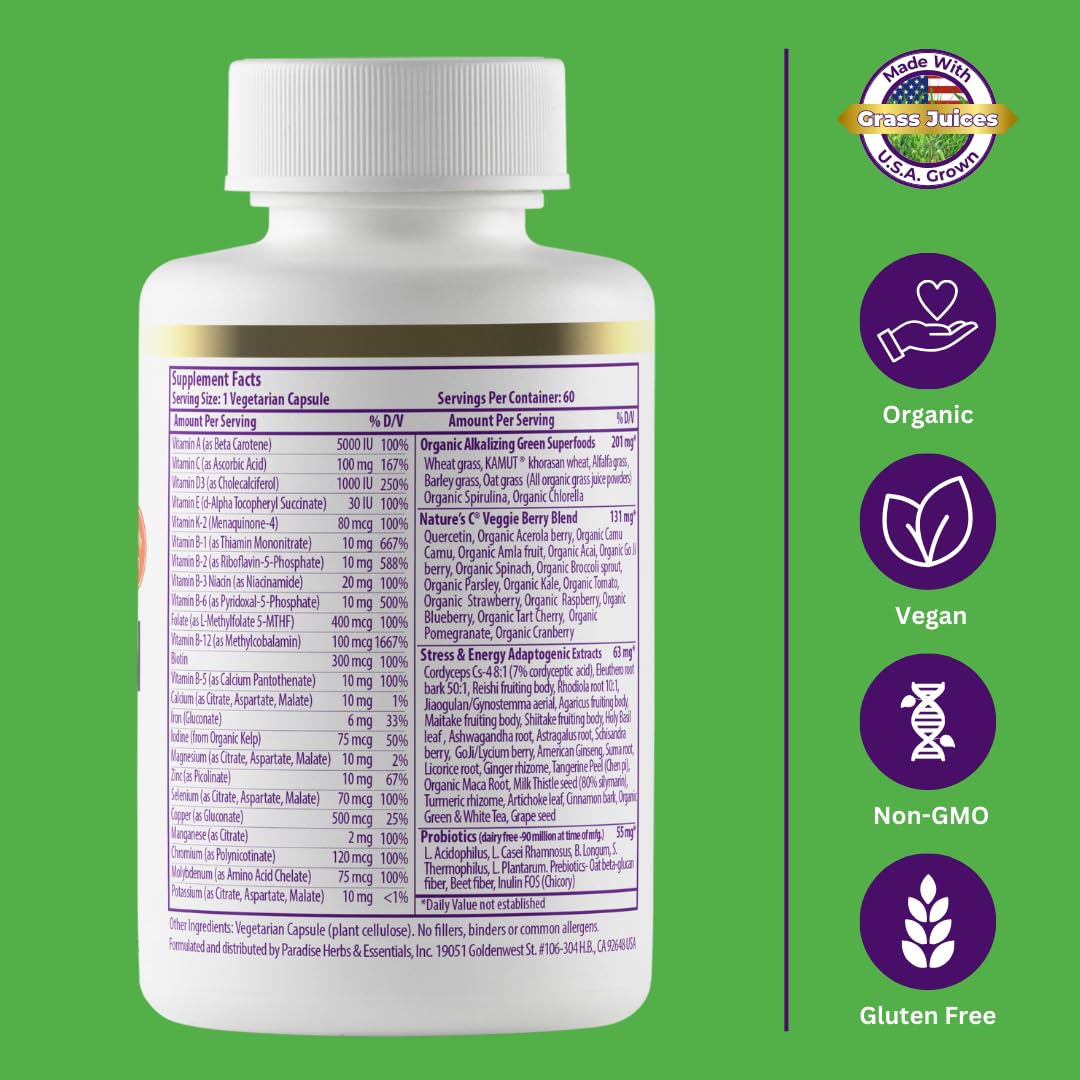 Pre-Order | Arrives in 5–10 Days – Paradise Herbs Earth's Blend Once Daily Multivitamin for Men, No Iron, 48 Organic Superfoods, Probiotics, and Vitamins A, B12, C, D, K2, 60 Count