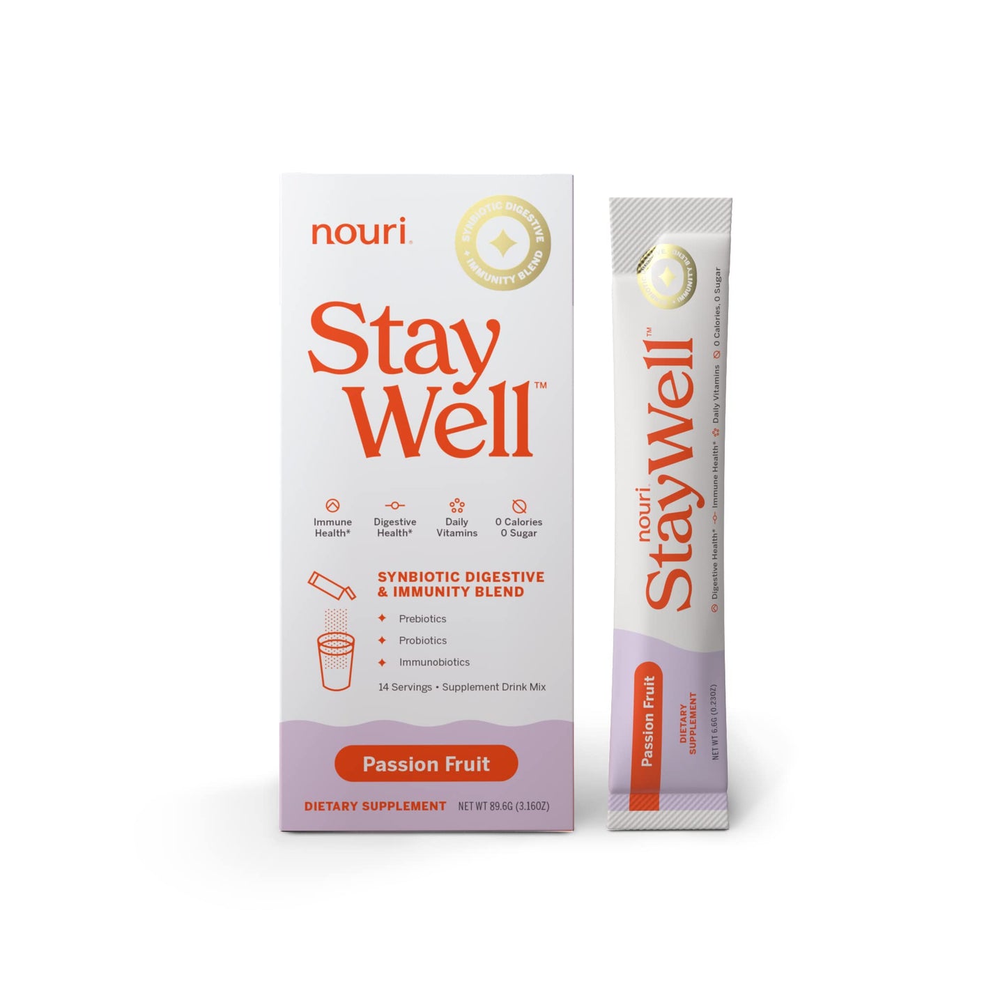 Pre-Order | Arrives in 5–10 Days – Daily Nouri StayWell Passion Fruit Synbiotic Digestive + Immunity Blend, Prebiotics and Probiotics, Powder Stick Pack for Digestive and Immune Health, 0 Calories, 0 Sugar - 14-Count (Passion Fruit)