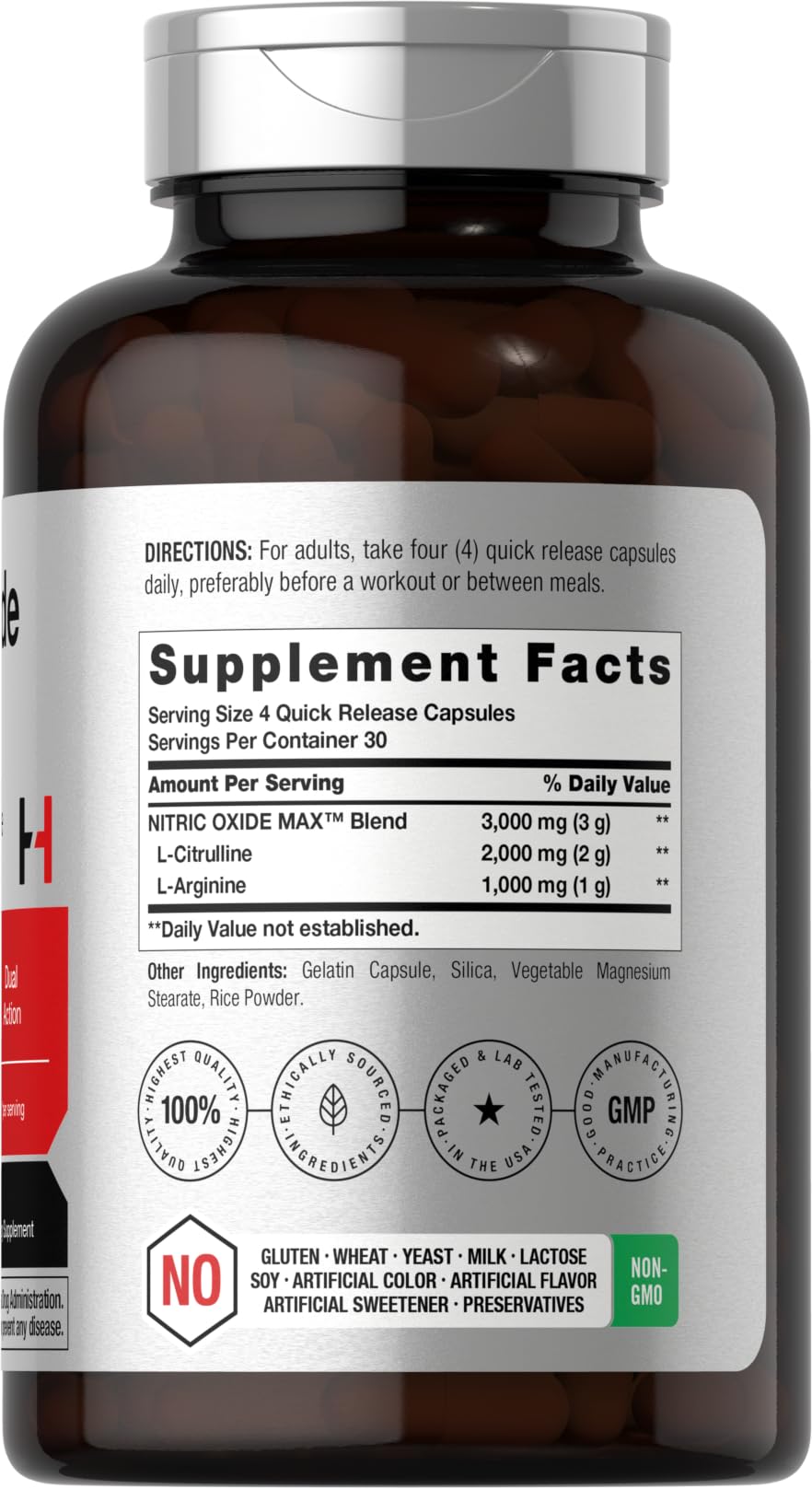 Horbäach Nitric Oxide Supplement | 3000mg | 120 Capsules | Pre Workout with L Arginine and L Citrulline for Men and Women | Non-GMO, Gluten Free Formula
