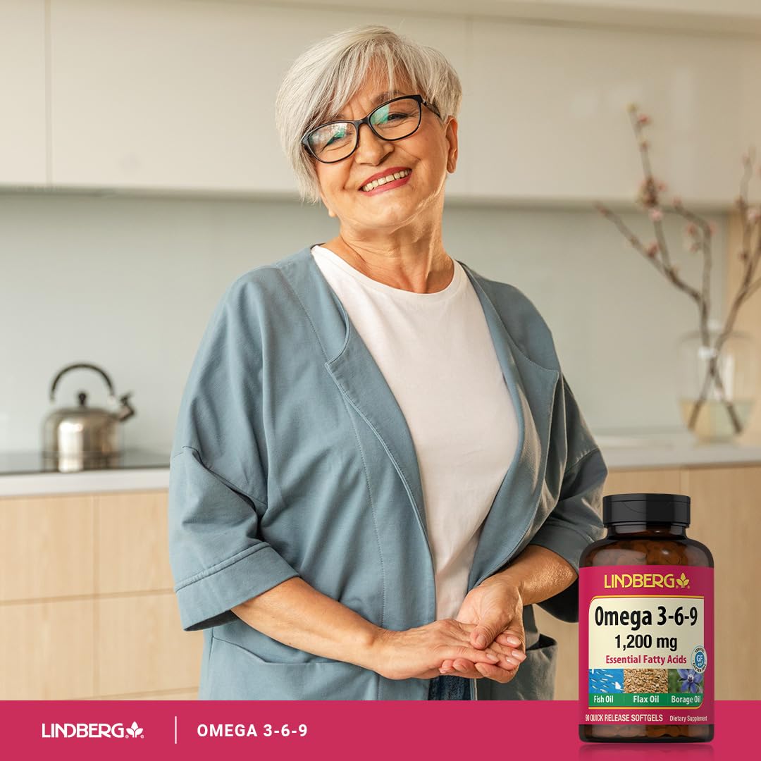 Lindberg Omega 3 6 9 Supplements | 1200mg | 90 Softgels | Essential Fatty Acids | with Fish, Flax, and Borage Oil | Non-GMO, Gluten Free