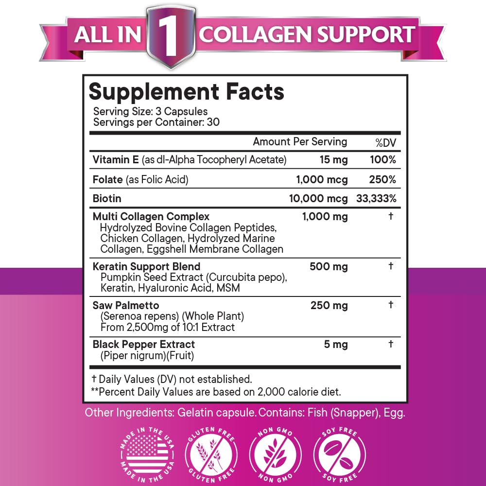 NEW AGE Collagen Pills Biotin Keratin Saw Palmetto Hyaluronic Acid - Hair Skin and Nails Vitamins and DHT Blocker with Vitamin E Folic Acid Pumpkin Seed MSM- 90 Count