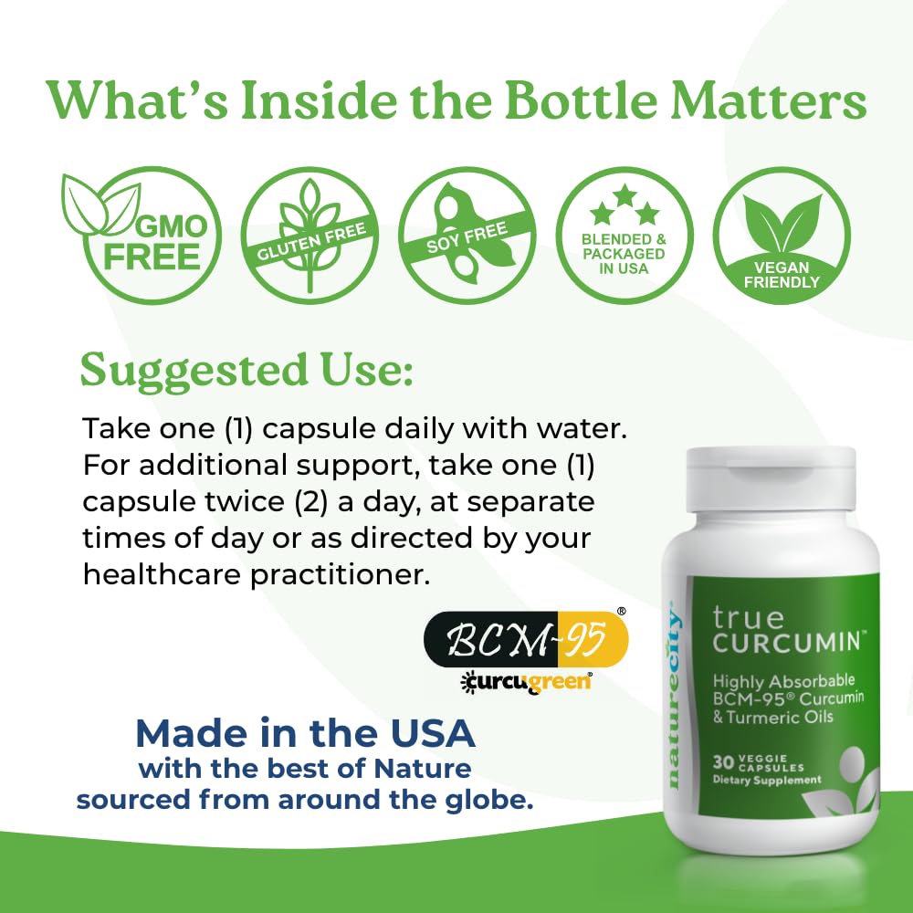 NatureCity True-Curcumin Turmeric Supplement | Non-GMO Tumeric and Curcumin 500mg Curcuma Capsules Vitamin Supplements | Up to 700% Increase in Absorption (30 Day Supply) | Supports Joints