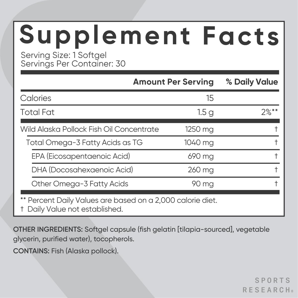 Sports Research Triple Strength Omega 3 Fish Oil 1250mg EPA & DHA from Wild Alaska Pollock Burpless Supplement Sustainably Sourced and Vitamin D3 K2 with Coconut Oil Plant Based Vegan Certified