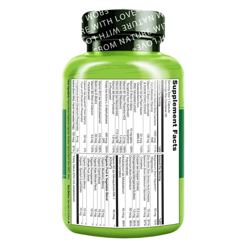NATURELO Mens Multivitamins - One Daily Multivitamin for Men with Vitamins, Minerals & Organic Whole Foods, Boost Energy & Health, Non-GMO, 60 Vegetarian Capsules