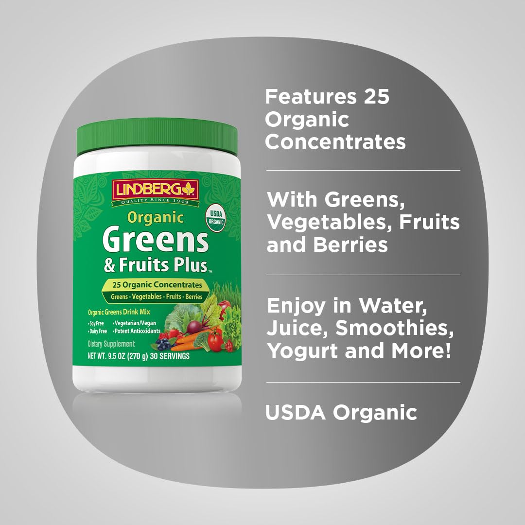 Lindberg Organic Fruit and Vegetable Powder | 9.5 oz | Greens Drink Mix | 28 Concentrates Plus | Vegan, Non-GMO, Gluten Free Supplement