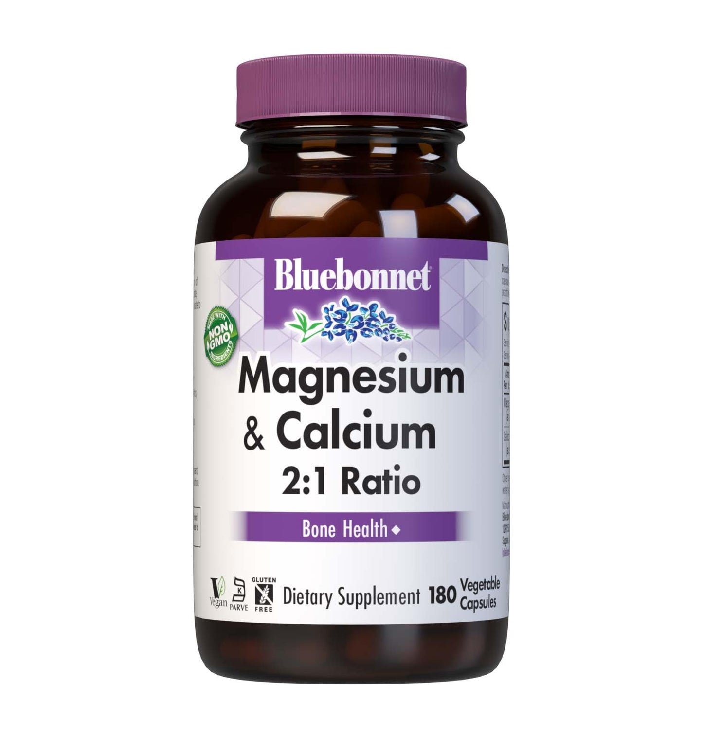 Bluebonnet Nutrition Magnesium & Calcium 2:1 Ratio, Bone Health*, Non-GMO, Vegan, Kosher Certified, Gluten-Free, Soy-Free, Dairy-Free, 180 Vegetable Capsules, 60 Servings