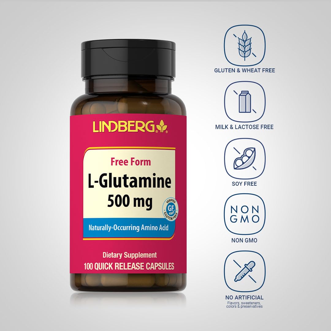 Lindberg L Glutamine Capsules for Women and Men | 500mg | 100 Pills | Free Form Supplement | Non-GMO, Gluten Free