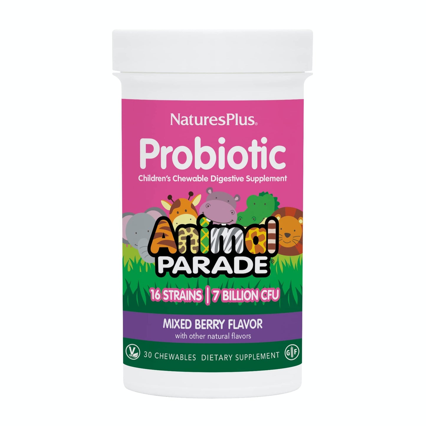 NaturesPlus Animal Parade Probiotic, Mixed Berry - 30 Chewables - Children’s Digestion Supplement - Supports Gut Health & Immune Function - Vegan, Gluten Free - 30 Servings