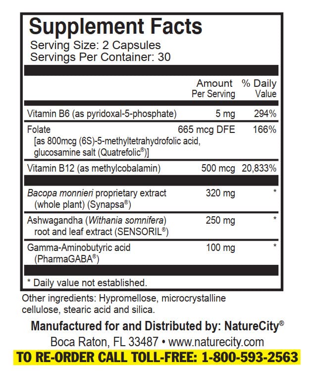 NatureCity True-Recall Memory Support & Brain Booster Supplement (60 Capsules) Brain Supplements for Memory and Focus - Non-GMO, Gluten Free, Vegan Friendly and BPA Free