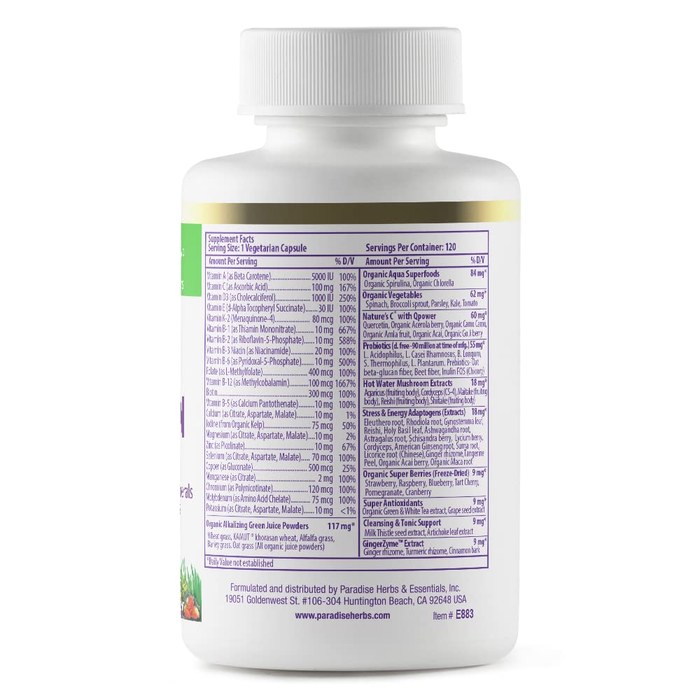 Pre-Order | Arrives in 5–10 Days – Paradise Herbs Earth's Blend Once Daily Multivitamin for Men, No Iron, 48 Organic Superfoods, Probiotics, Antioxidants, Vitamins A, B12, C, D, K2,120 Count