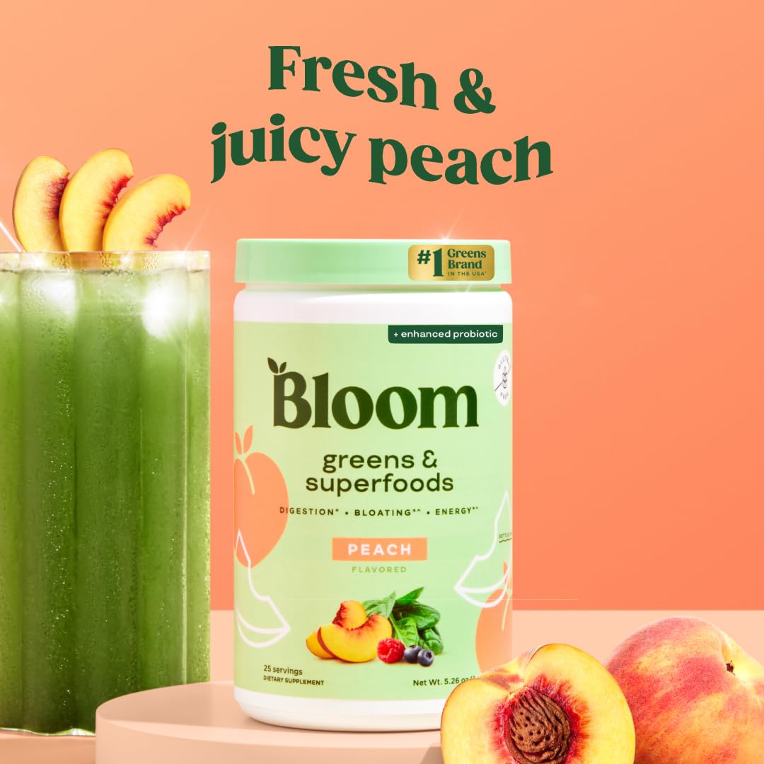 Pre-Order | Arrives in 5–10 Days –
Bloom Nutrition Superfood Greens Powder, Digestive Enzymes with Probiotics and Prebiotics, Gut Health, Bloating Relief for Women, Chlorella, Green Juice Mix with Beet Root Powder, 25 SVG, Peach
