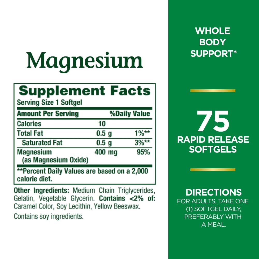 Nature's Bounty Magnesium, Whole Body Support, Supports Heart, Nerve and Bone Health. 400 mg, 75 Softgels