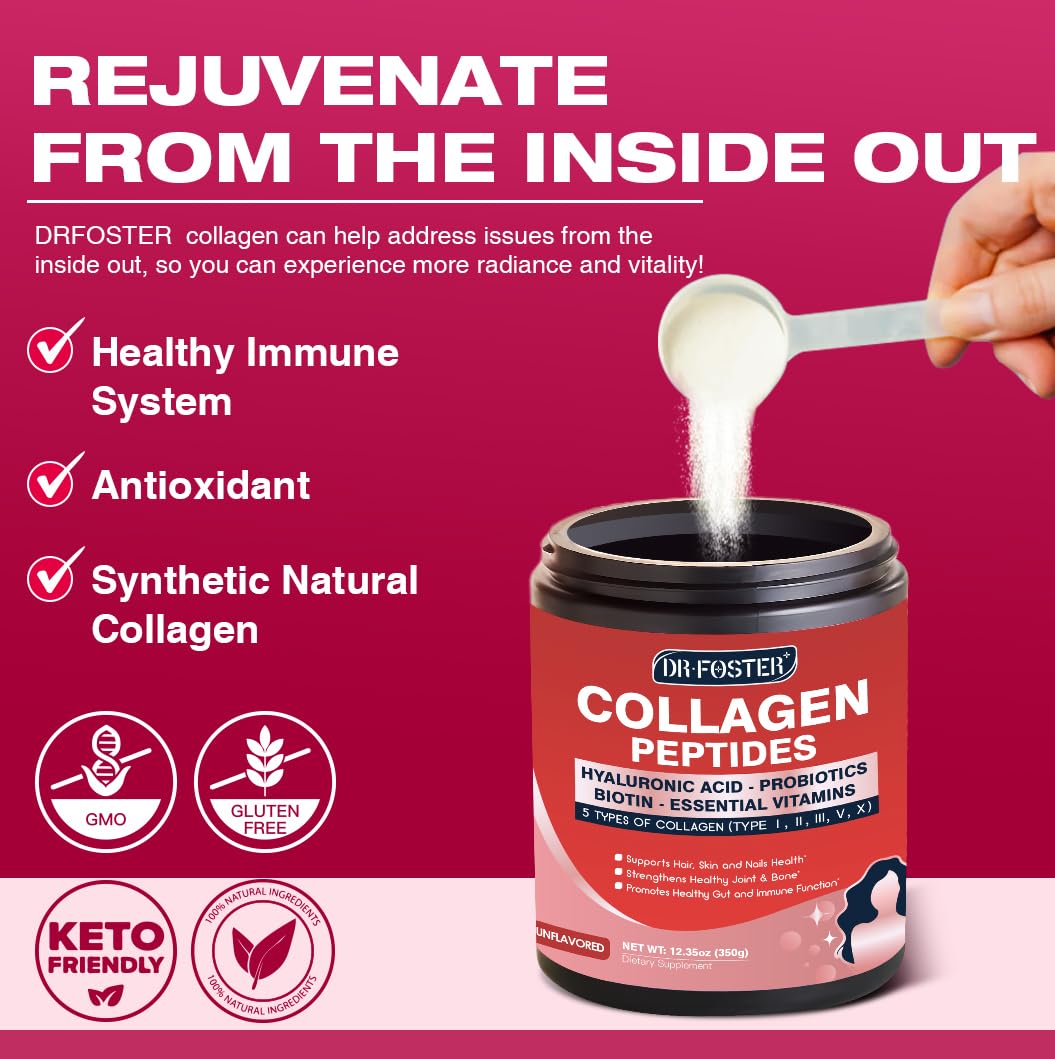 Multi Collagen Peptides Powder with Probiotics - Type I II III V X - Hydrolyzed Collagen Peptides with Multivitamins, Hyaluronic Acid & Biotin - Support Skin Hair Nail Joints & Gut, 35 Servings