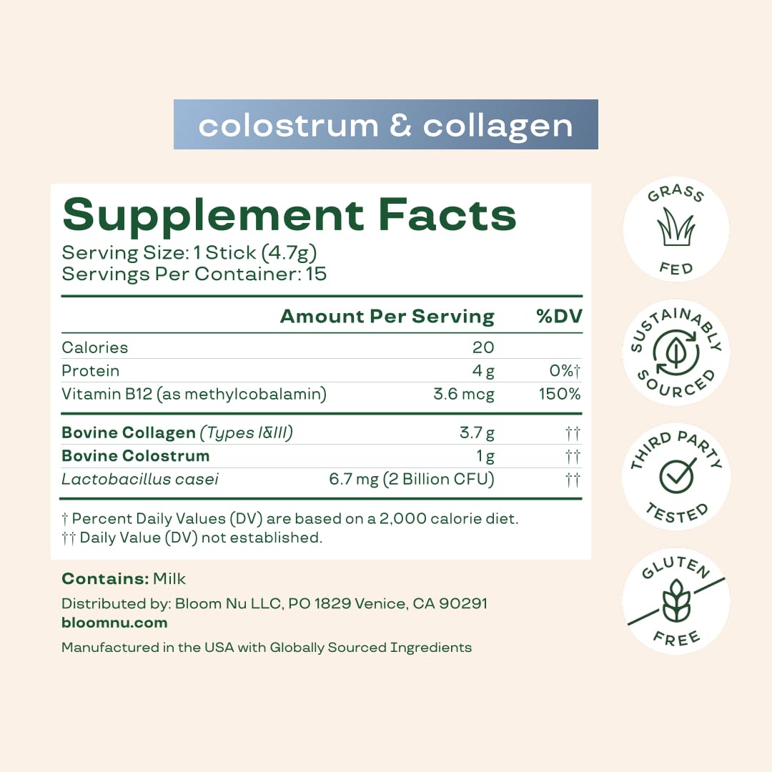 Pre-Order | Arrives in 5–10 Days –
Bloom Nutrition Bovine Colostrum Powder Packet, Gut Health, Immune Support, Hair Growth & Beauty Supplement, Gluten Free, Sugar Free | Unflavored, 15 Servings