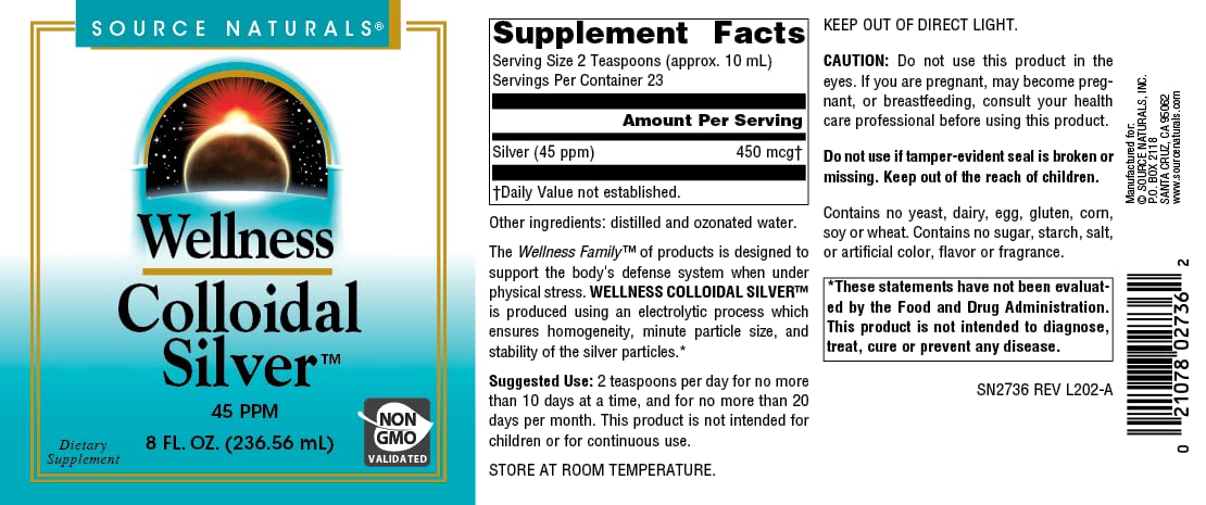 Source Naturals Wellness Colloidal Silver 45 ppm, Supports Physical Well Being* - 8 Fluid oz