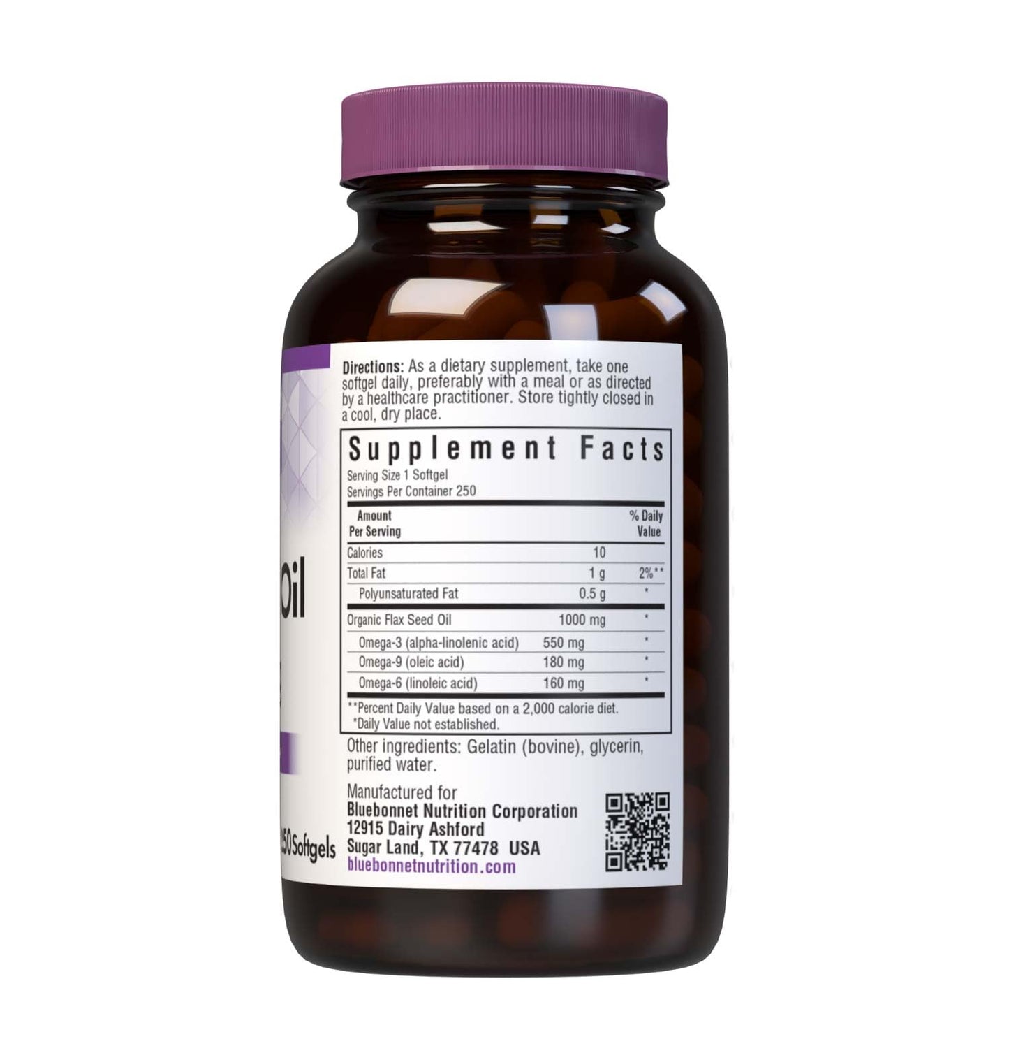 BlueBonnet Nutrition Flax Seed Oil Certified Organic 1000 mg, 250 Softgels