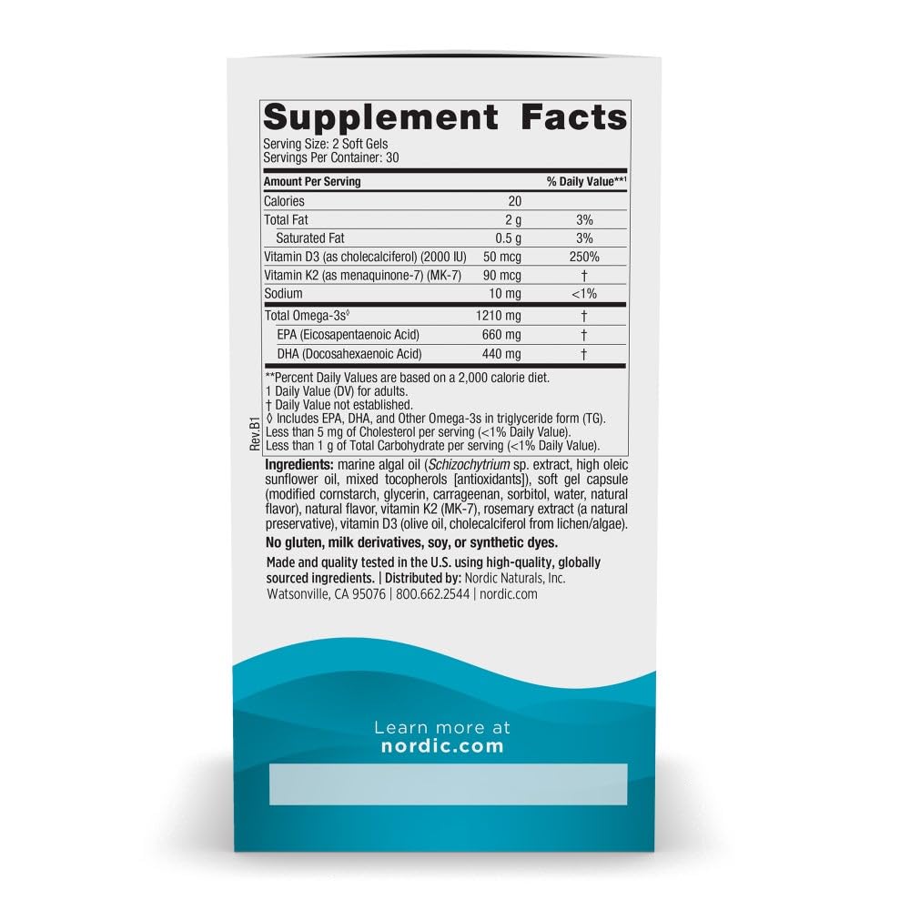 Pre-Order | Arrives in 5–10 Days – Nordic Naturals Ultimate Omega Plant Based Vitamin with Vitamin D3+K2-60 Vegetarian Soft Gels - 1210 mg Omega-3s Plus 2000 IU D3 and 90 mcg K2 - Promotes Brain Health - Non GMO - 30 Servings