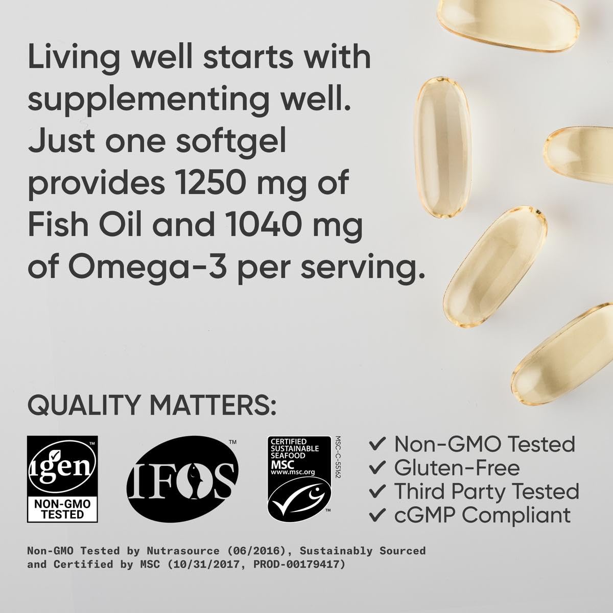 Sports Research Triple Strength Omega 3 Fish Oil 1250mg EPA & DHA from Wild Alaska Pollock Burpless Supplement Sustainably Sourced and Vitamin D3 K2 with Coconut Oil Plant Based Vegan Certified