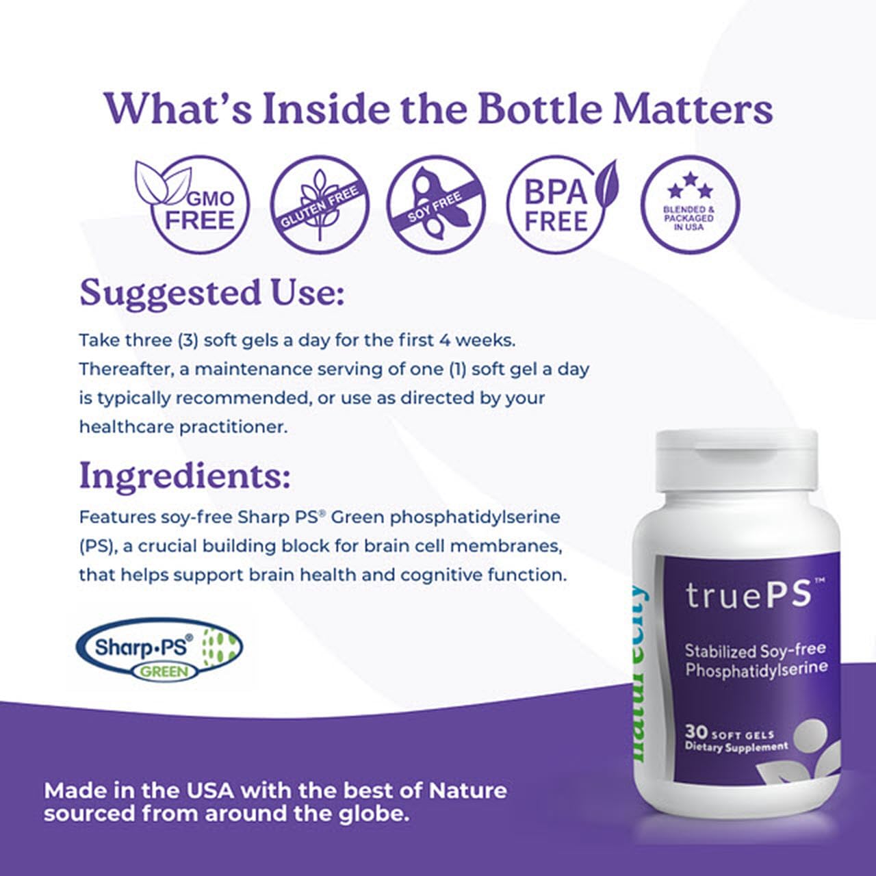 NatureCity True-PS Soy Free Stabilized Phosphatidylserine 100mg Brain Supplements for Memory and Focus - Memory Pills for Brain - Brain Health Supplements for Adults (30 SoftGels)