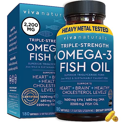 Viva Naturals Triple Strength Omega 3 Fish Oil Supplement - 2200 mg Wild Caught and Sustainably Sourced Fish Oil Vitamins with Omega 3 Fatty Acids Including EPA DHA, No Fish Burps, 180 Softgels